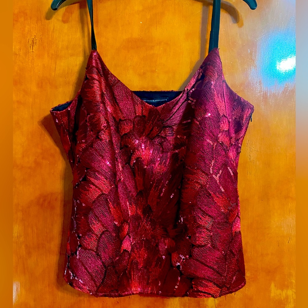 White House Black Market Red Sequined Floral Camisole Top Size Large